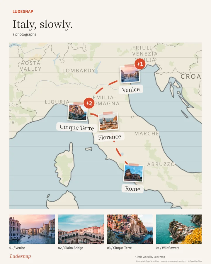 A trip map made with LudeSnap: seven photos from Italy pinned along the route from Venice to Rome