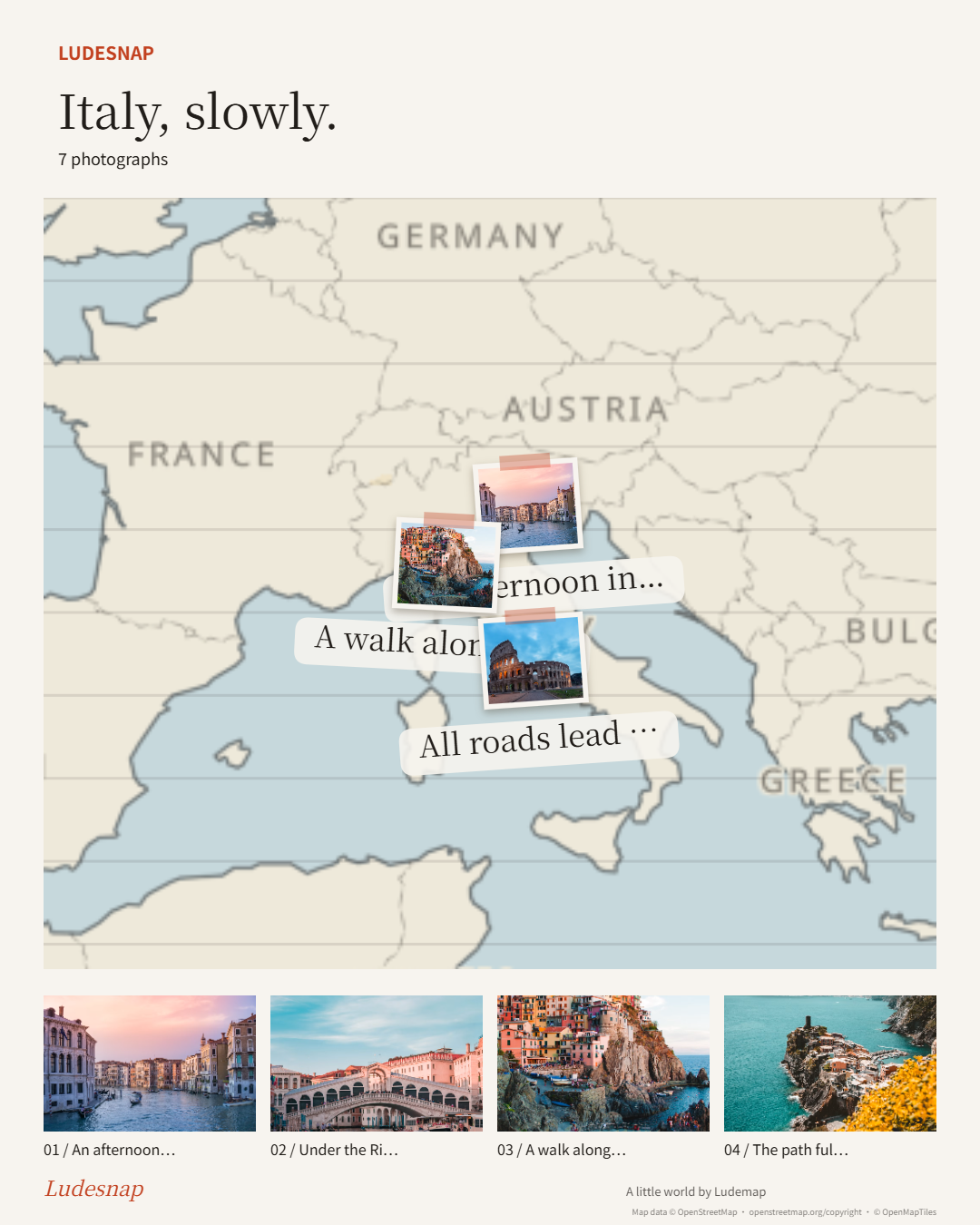 An English Ludesnap share result showing an Italy photo journey mapped from Venice to Rome